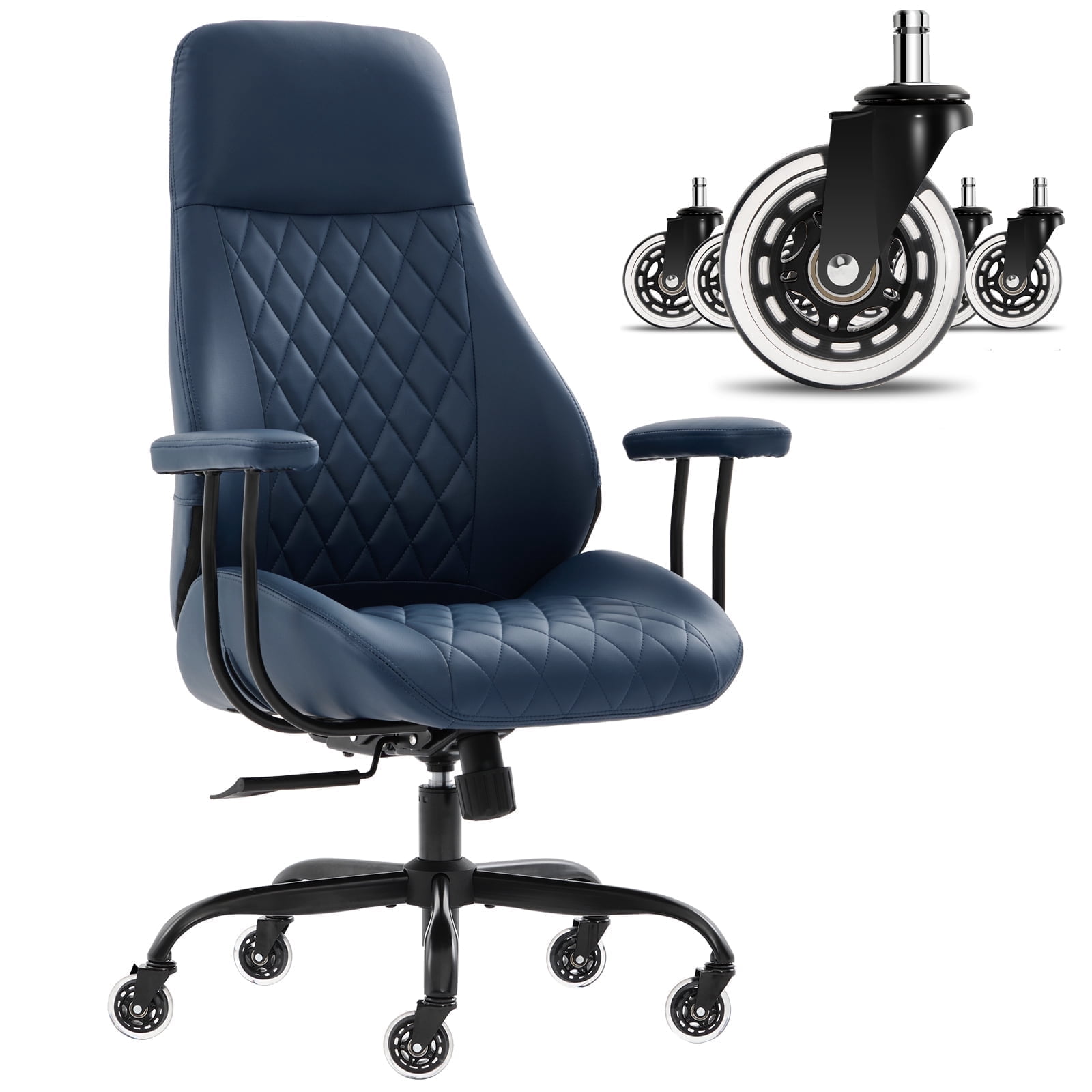 E-Motie Home Office Desk Chair, Ergonomic High Back Leather Computer Chair with Lumbar Support, Adjustable Height & Recline, Swivel Executive Office Chair with Armrests and Rubber Casters, Blue