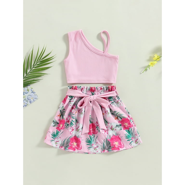 Bagilaanoe 2Pcs Little Girls Skirt Set Sleeveless Vest Tops Floral A Lined Short Skirt with Waist Belt 2T 3T 4T 5T 6T 7T Kids Casual Outfits