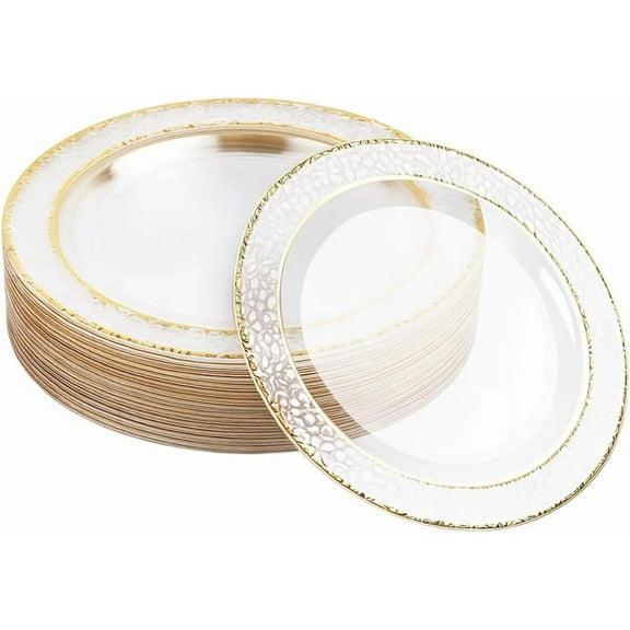Matana Hammered Gold Rim Plastic Plates, 20 Reusable 10.25” Dinner Plates for Parties & Events