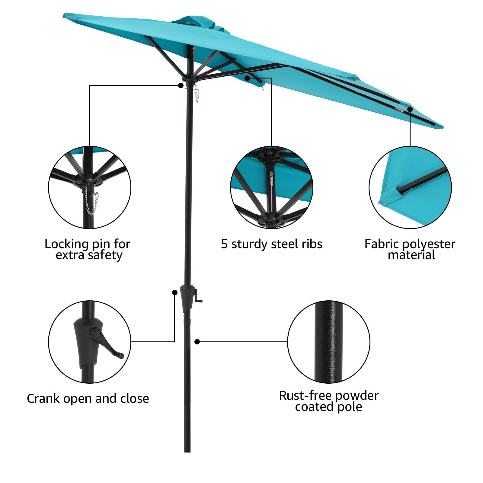 Patio Umbrella 7.5’by 4’Half Rectangular Outdoor Umbrella with Crank, for Deck, Balcony, Garden or Terrace Shade, Turquoise