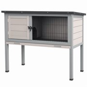 Elevated Rabbit Hutch, Wooden Bunny Cage with Hinged Asphalt Roof and Removable Tray, for Indoor/Outdoor, Gray