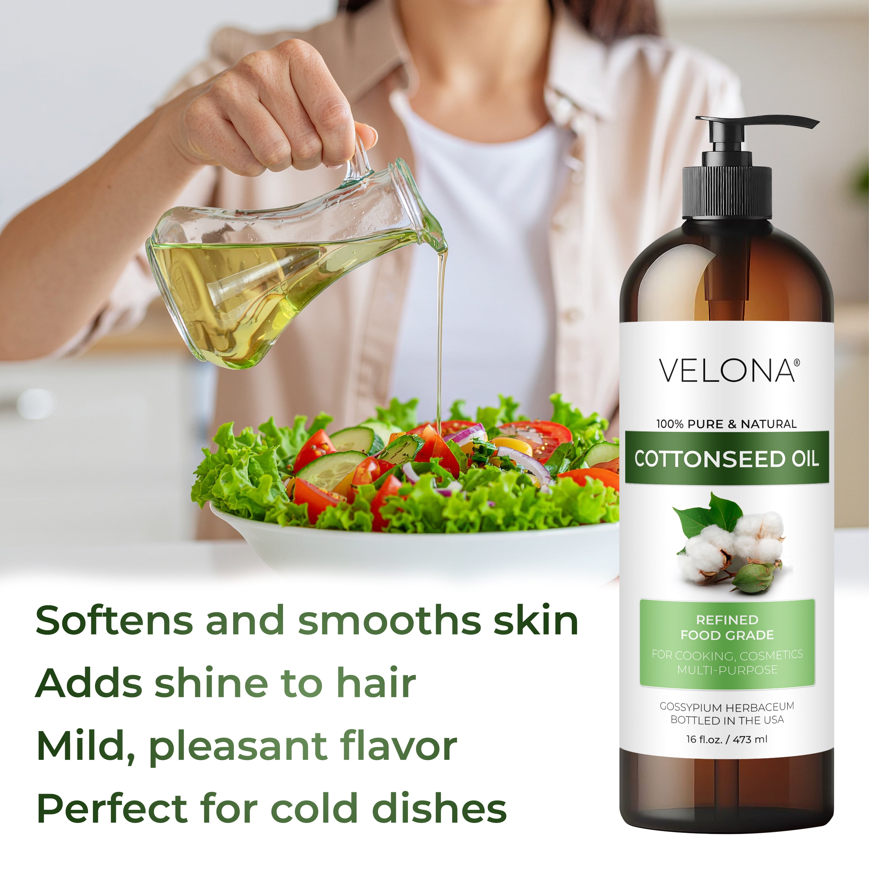 Velona Cottonseed Oil - 64 oz | 100% Pure and Natural Carrier Oil | Refined, Cold pressed | Cooking, Skin, Face, Body, Hair Care