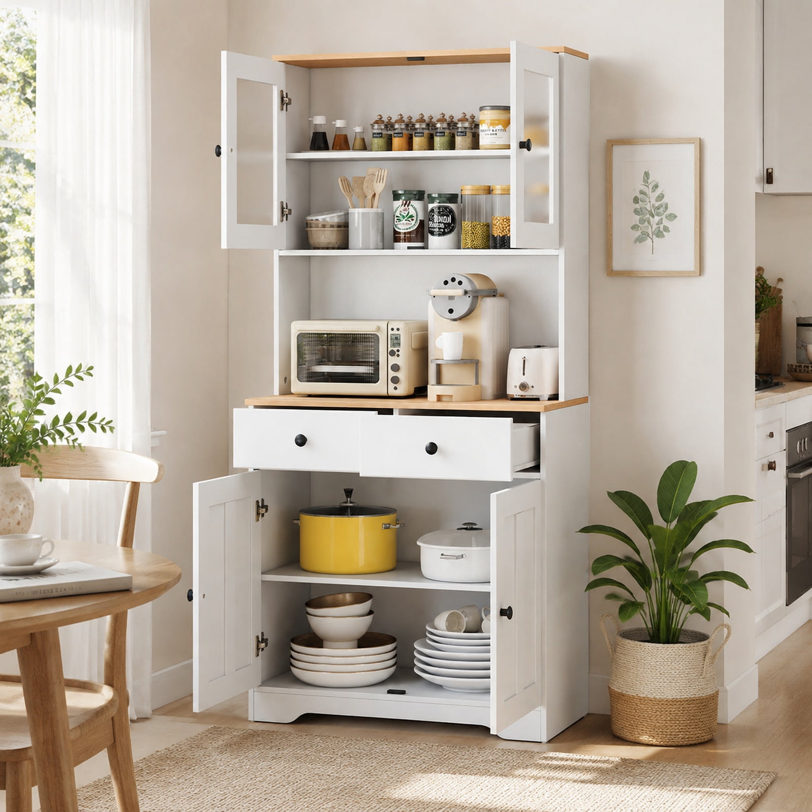 Furnibear Tall Kitchen Pantry Cabinet with Glass Doors 2 Drawers Adjustable Shelves and Countertop Freestanding Storage Cabinet for Kitchen, White