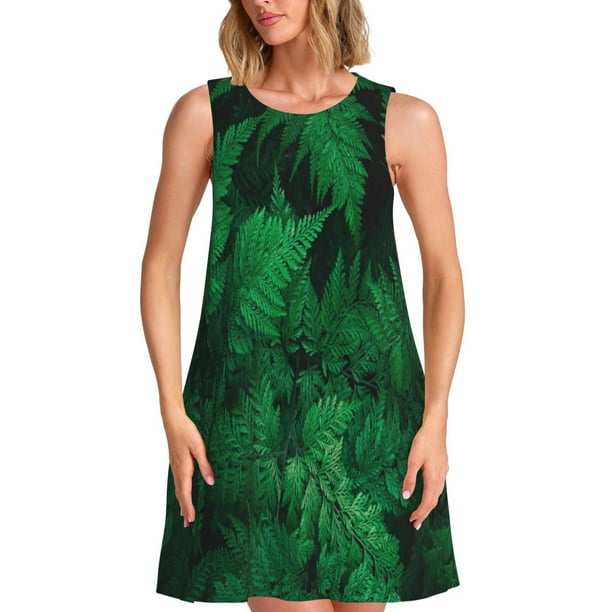 Easygdp Green Leave Fern para Vestido Transpirable de Mujer, Vestido Suelto de Manga Corta con Pliegues y Bolsillos para el Verano