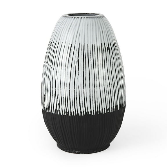 13" Black White and Gray Patterned Lines Ceramic Vase