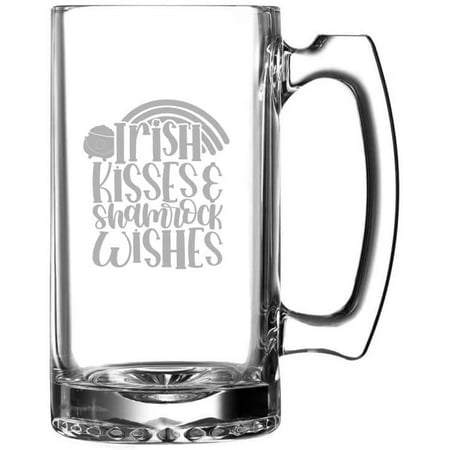 

Irish Kisses & Shamrock St Patrick s Day Etched 25oz Beer Mug