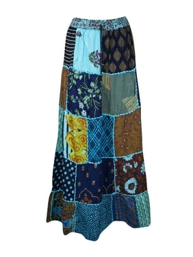 Mogul Women Patchwork Skirt, Long Elastic Waist Rayon Purple Vintage Indian Style Handmade A-Line Long Skirts S/M