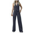 thumbnail image 2 of CHUOU Women's 2 Piece Casual Outfits Womens Button Sleeveless Vest Shirt Straight Wide Leg Trousers With Pockets, 2 of 5