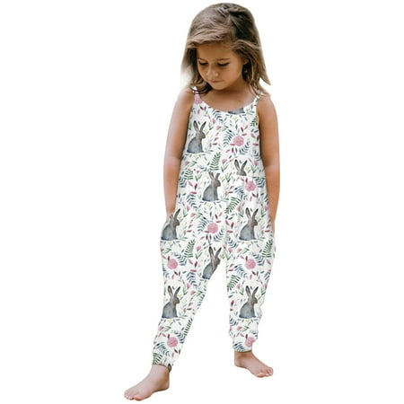 

Toddler Girls Kids Baby Jumpsuit 1 Piece Floral Cartoon Easter Bunny Playsuit Strap Romper Summer Outfits Clothes