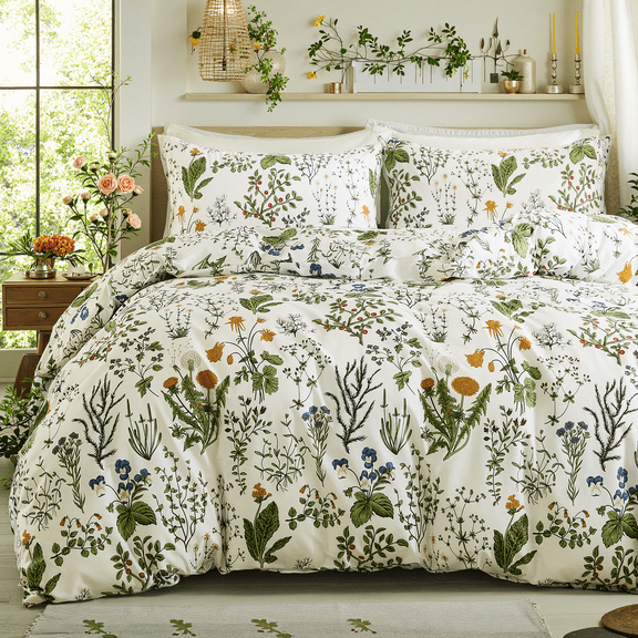 Green Comforter Set , 100% Cotton Reversible Floral Pattern Comforter Set 3 Pcs Soft Cotton Lightweight Comforter All Season Soft & Breathable Green Bedding Set