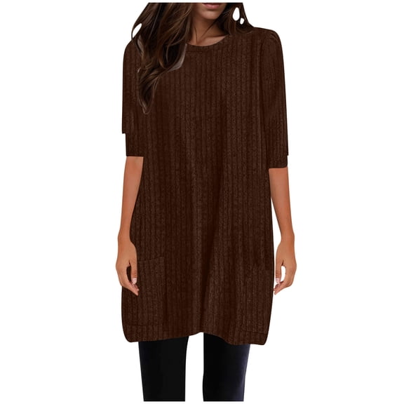 jtjvou Long Ribbed T-Shirt for Women Loose Crew Neck Tunic Tops Casual Short Sleeve Tee Shirts Blouse with Pockets Brown XL