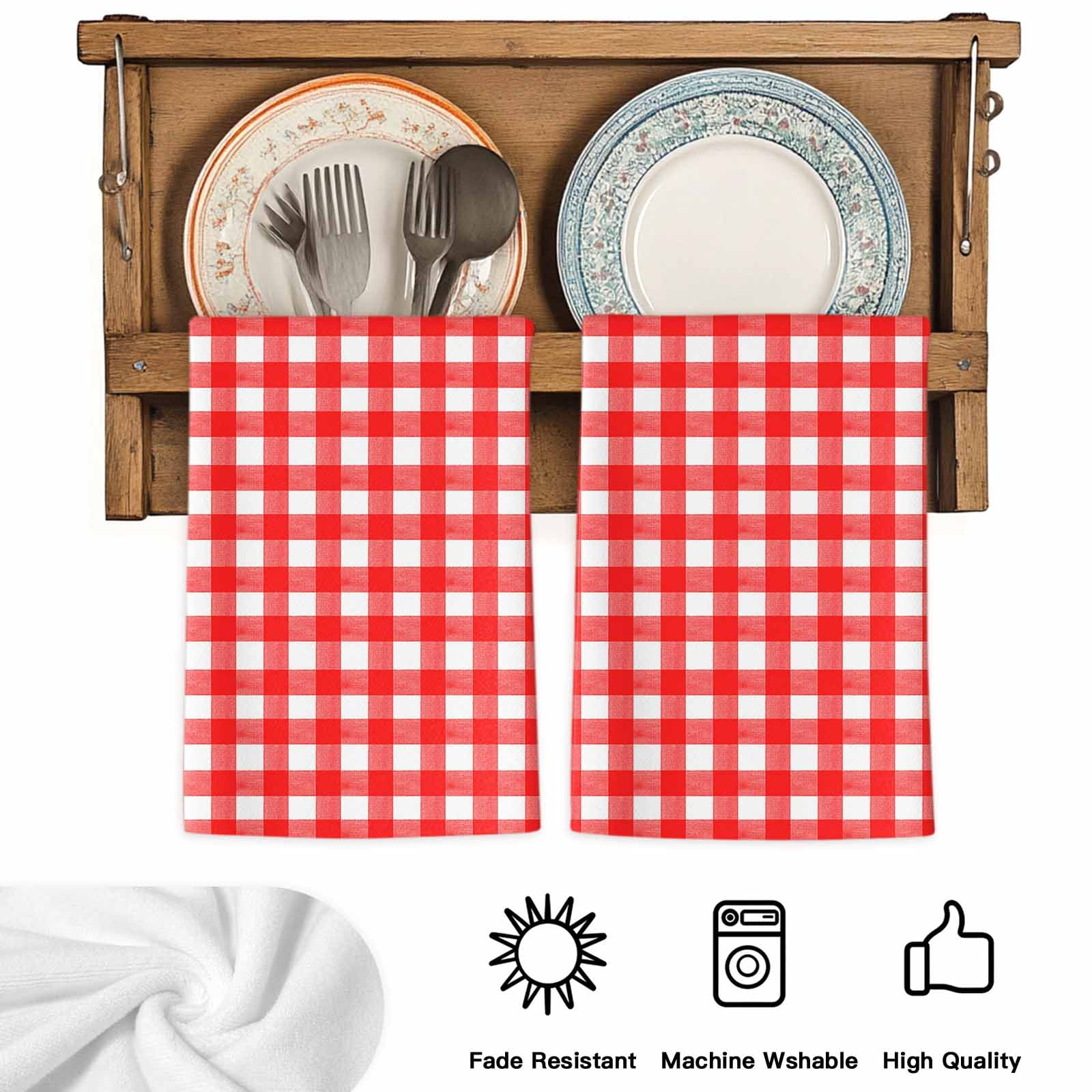 Dish Towels, Red Buffalo Plaid Absorbent Kitchen Towels 2 PCS, Pastoral Checkered Microfiber Hand Towels Dish Cloths Tea Towels for Home&nbsp;Bathroom Cleaning Drying,18X28-Inch,