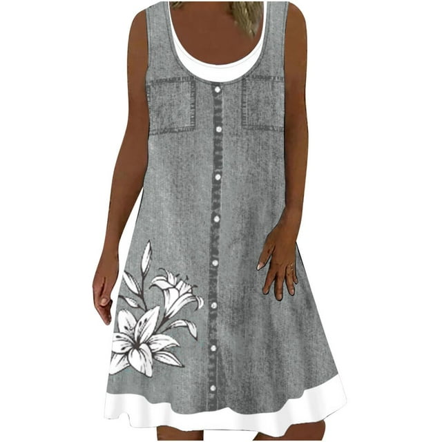 CHUANK Robes d'Été pour Femmes Grande Taille Robes d'Été Grande Taille pour Femmes Plage Col en U Sans Manches Faux Deux Pièces Robe T-Shirt de Fête Midi Robe Ample