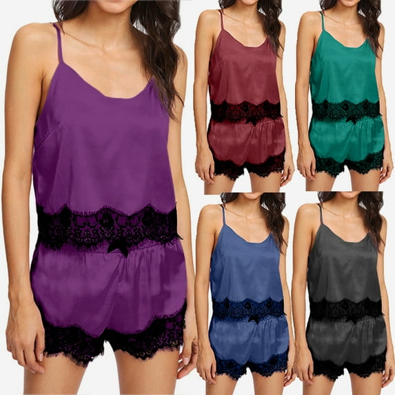 Women's Lace Cutout Suspender Top Shorts Pajama Suit Home Clothes