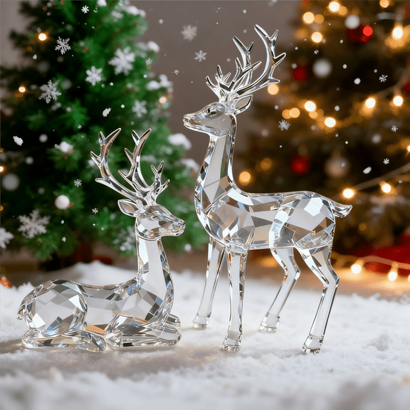 2 Pcs Clear Reindeer Sculptures, Christmas Elk Figurines, Elegant Indoor Decor for Living Room Office Bookself Tabletop Mantle