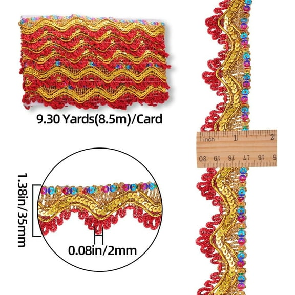 1card 9.3Yds 1.4" Red Beaded Paillette Sewing Lace Trim golden Fringe Tassel Trim Metallic Fabric Ribbon Wavy Glitter Mesh Embroidery Gimp Trim Sequins Edging Trimming for Crafts Cloth