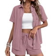 thumbnail image 2 of Shorts Sets Women 2 Piece Outfits Linen Button Down Shirt And Casual Shorts Sets Summer Travel Vacation Beach Matching,Pink S, 2 of 5