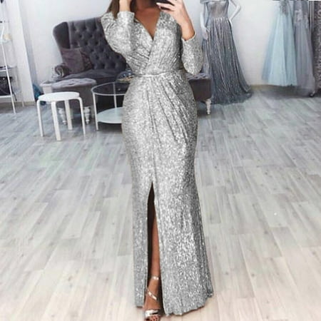 

Women Deep V Neck Sequin Dress with Slit Long Sleeve Club Party Evening Dress For Women Lady