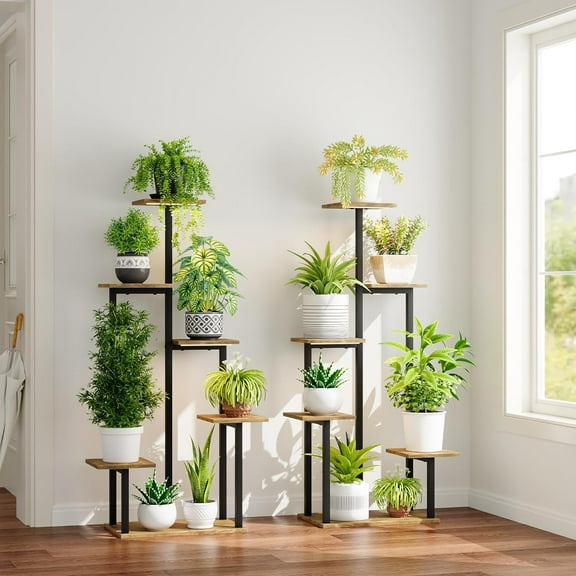 Indoor Plant Stand with Grow Lights, Small Tiered Corner Shelf, Metal Lighted Flower Rack for Multiple Plants