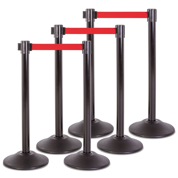 US Weight Heavy Duty Premium Black Steel Stanchion with Red 7.5-Foot Retractable Belt - 6 PK