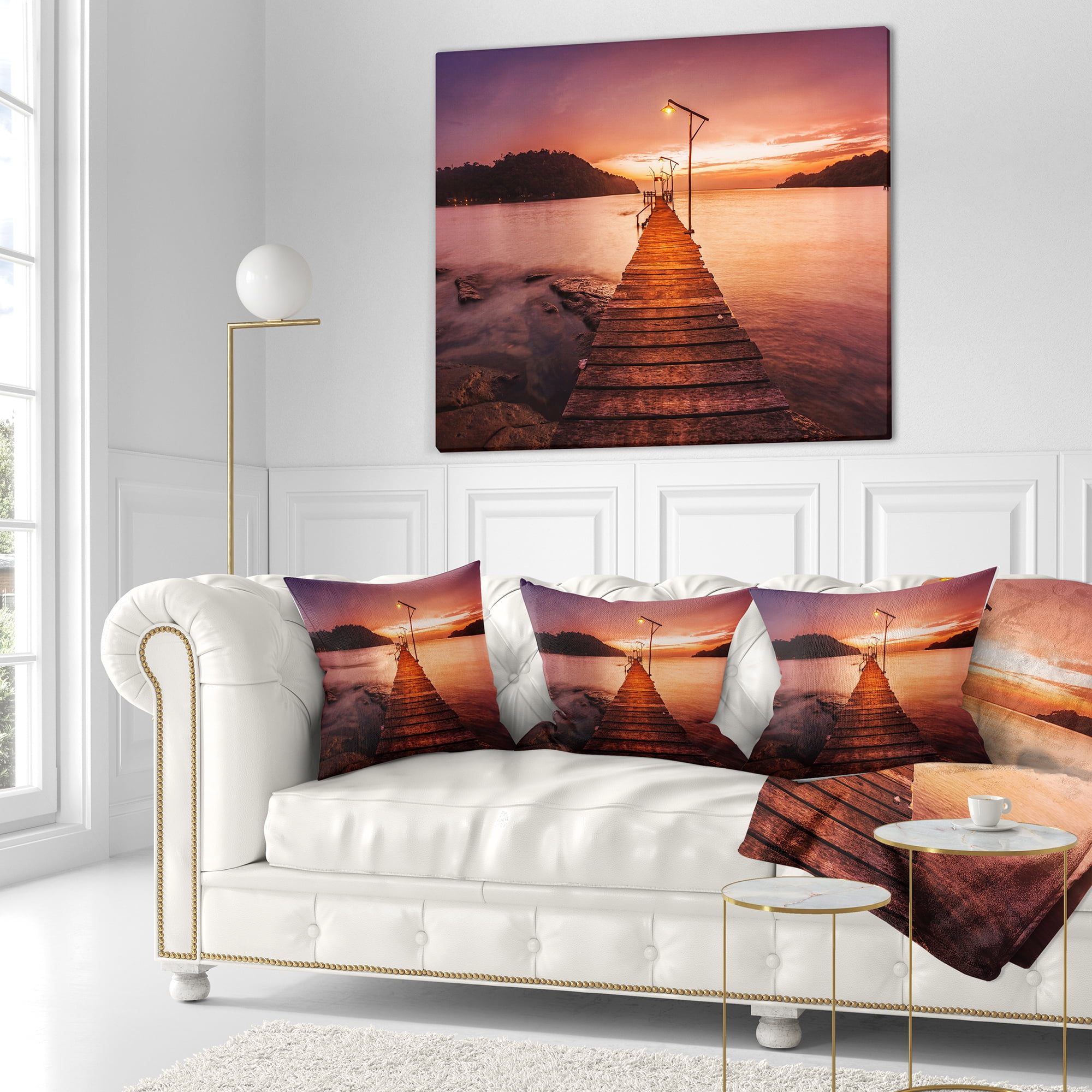 Designart Sunset Over Purple Sea - Seascape Throw Pillow - 18x18