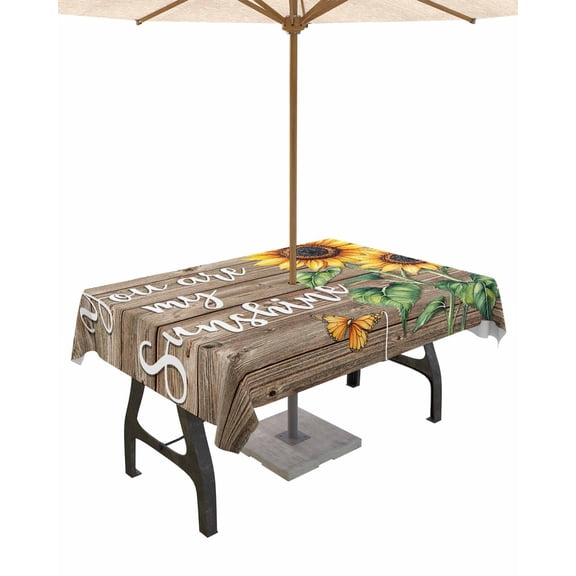 Outdoor Tablecloth with Umbrella Hole for Patio/Picnic/Party/Camping, Yellow Sunflower Waterproof Table Cloth Rectangle Table Cover Washable, Butterfly Sunshine Brown Farmhouse Wood 60"x 84"