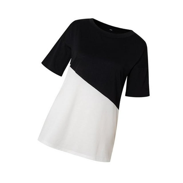 Femmes T-shirt Couleur Bloc Manches Courtes Haut Col Rond T Chemisier, Noir, L
