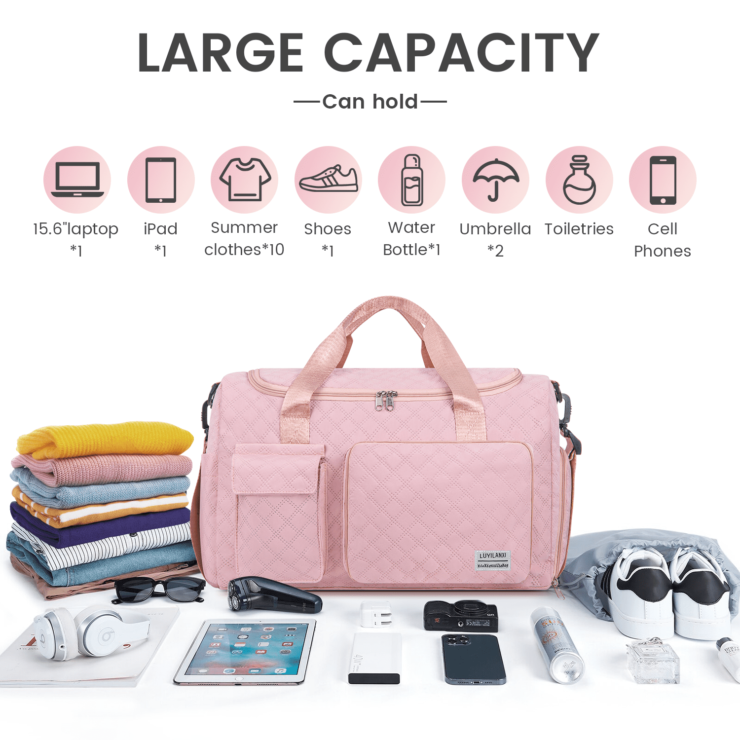 Travel Duffle Bag for Women Men, Foldable Weekender Bags Carry on Gym Bag with Wet Pocket/Adjustable Strap/Shoe Compartment, Waterproof Overnight Tote Bag for Plane Sports Dance, Pink