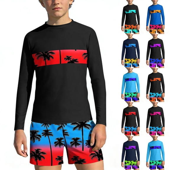 HAOTAGS Boys Swimsuit Sets Size 11, Summer Long Sleeve Hawaiian Printed Rash Guard Top Matching Swim Shorts Beach & Surf Vacation Outfit Red