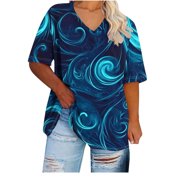 Staron Summer T-Shirts for Women Plus Size Oversized V Neck Short Sleeve Casual Loose Basic Solid Color Tee Shirt, Blue 4XL