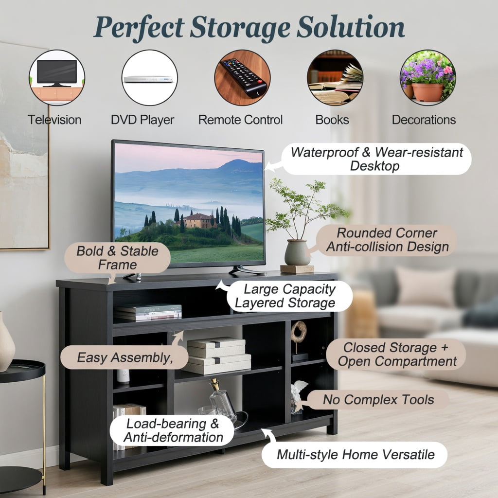 Demi Bonn TV Stand, TV Cabinet, 58 Inch TV Stand Entertainment Console Center with Adjustable Open Shelves, Media Entertainment Center with Storage, for Living Room, Bedroom, Black