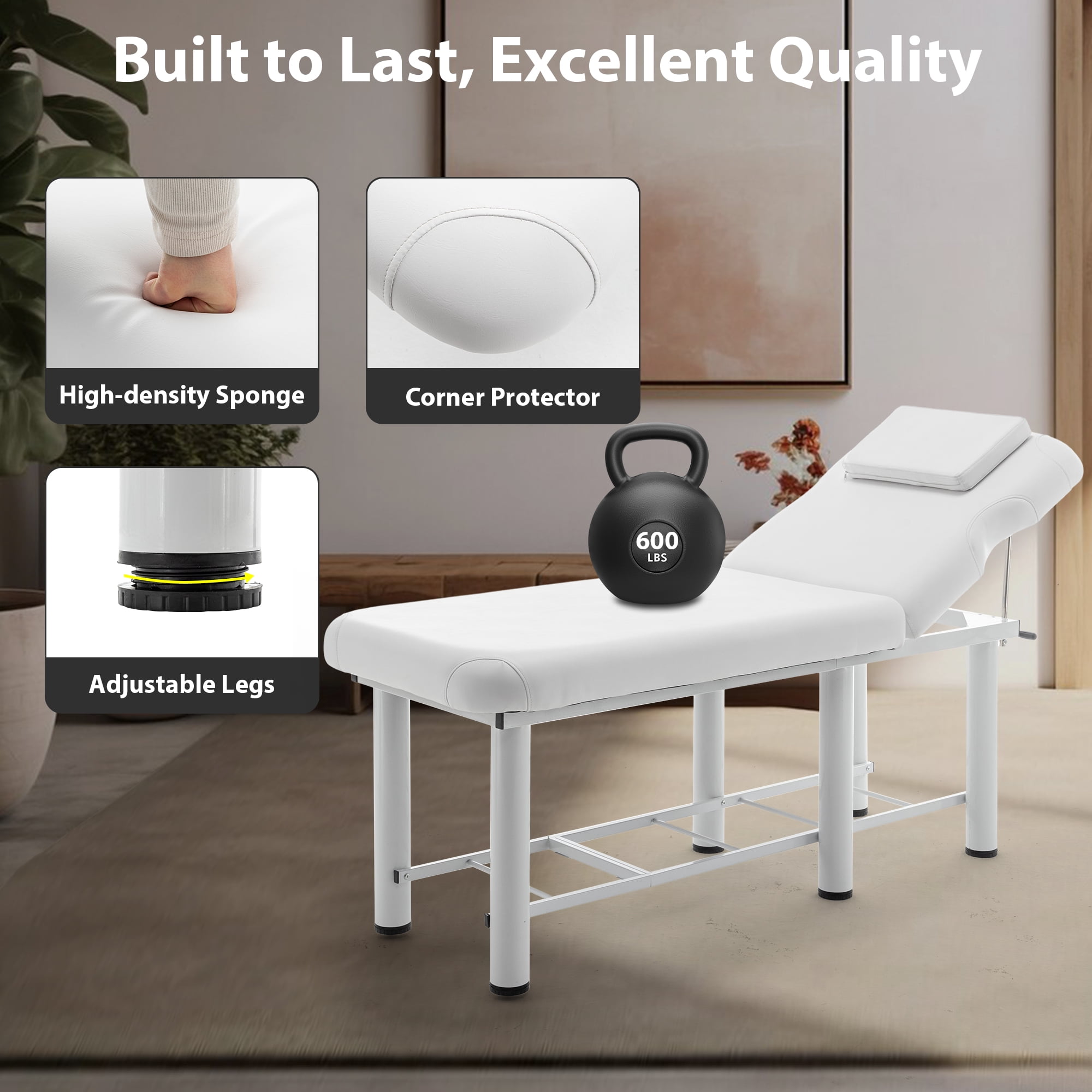 Miniyam 73.7" x 27.56" x 27.17" Professional Massage Table – Adjustable Backrest, Removable Headrest, Bottom Storage, Memory Foam Layer – White