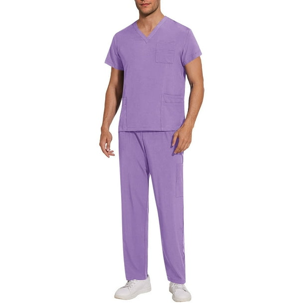 Ceisia Men's Solid Color V-Neck Nurse Uniform Set, Short Sleeve Scrub Top with Elastic Waist Pants for Healthcare Professionals Purple M Gifts