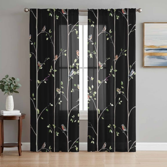 Sparrow Sheer Curtains 84 Inch Length 2 Panels Set Window Treatments, Spring Birds on The Branches Vintage Country Black Rod Pocket Semi Curtains for Living Room/Bedroom/Kitchen Décor, 104"W x 84"L