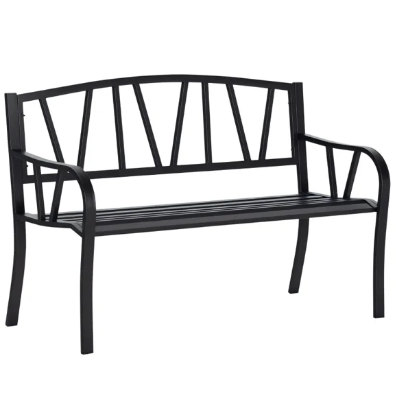 50" Metal Outdoor Garden Bench with V-Shaped Backrest, Slatted Seat