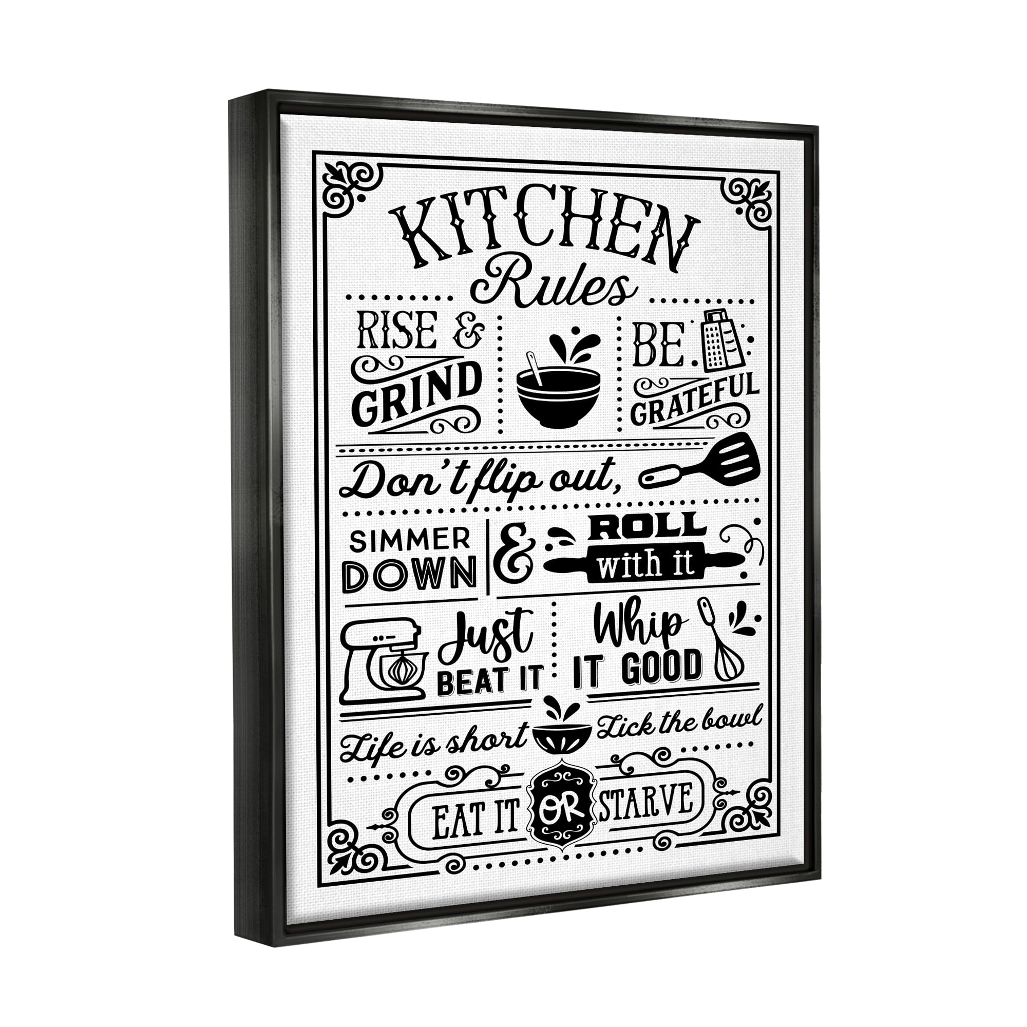 Stupell Industries Witty Kitchen Rules Vintage Border Motif Typography Graphic Art Jet Black Floating Framed Canvas Print Wall Art, Design by Lettered and Lined