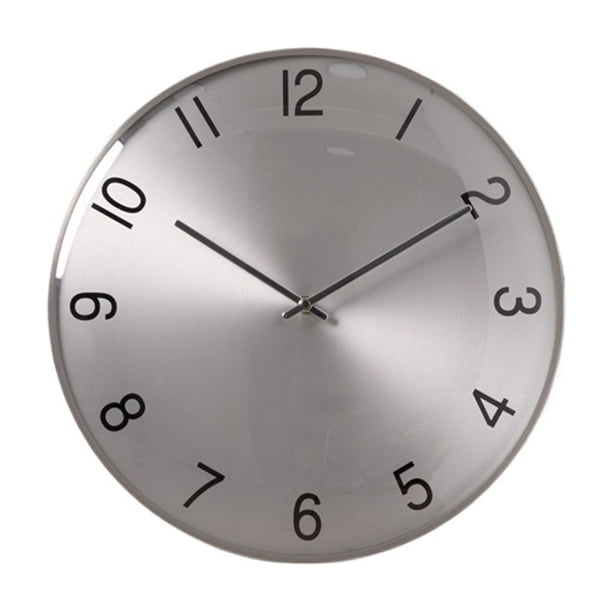 Reloj de pared moderno de lujo con diseño espacial plateado y funcionamiento silencioso a pilas.