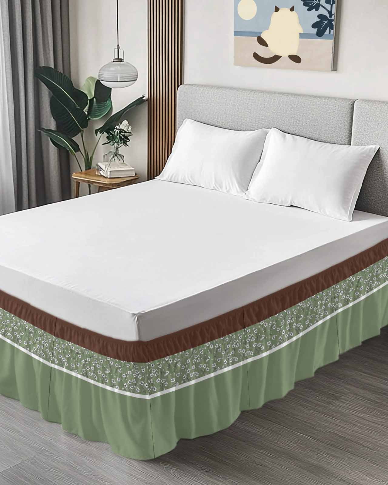 Sage Green Brown Flowers Wrap Around Bed Skirts for King Bed 18" Drop,Bed Skirt with Adjustable Elastic Belt Dust Ruffle Bed Valance for Bedroom Hotel Classic Botanical Art Elegant Bed Frame Cover