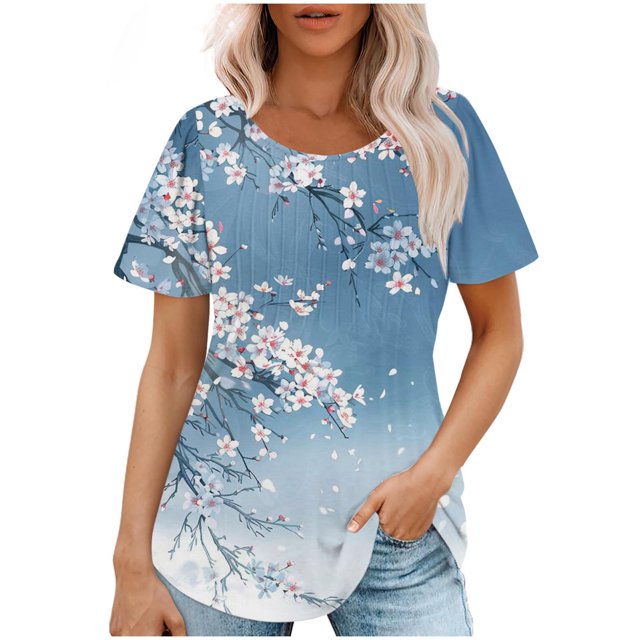 Fashionable Women's Shirts Short Sleeve Round Neck Tops