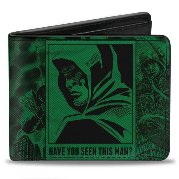 DC Comics Wallet, Bifold, Green Arrow Profile Poses Have You Seen This Man? Green Black, Vegan Leather