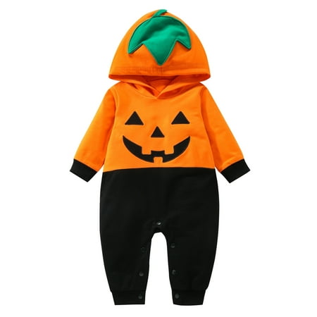 

IZhansean Newborn Baby Boy Girl Halloween Romper Long Sleeve Pumpkin Smiling Face Bodysuit Jumpsuit Fall Outfits Orange 18-24 Months