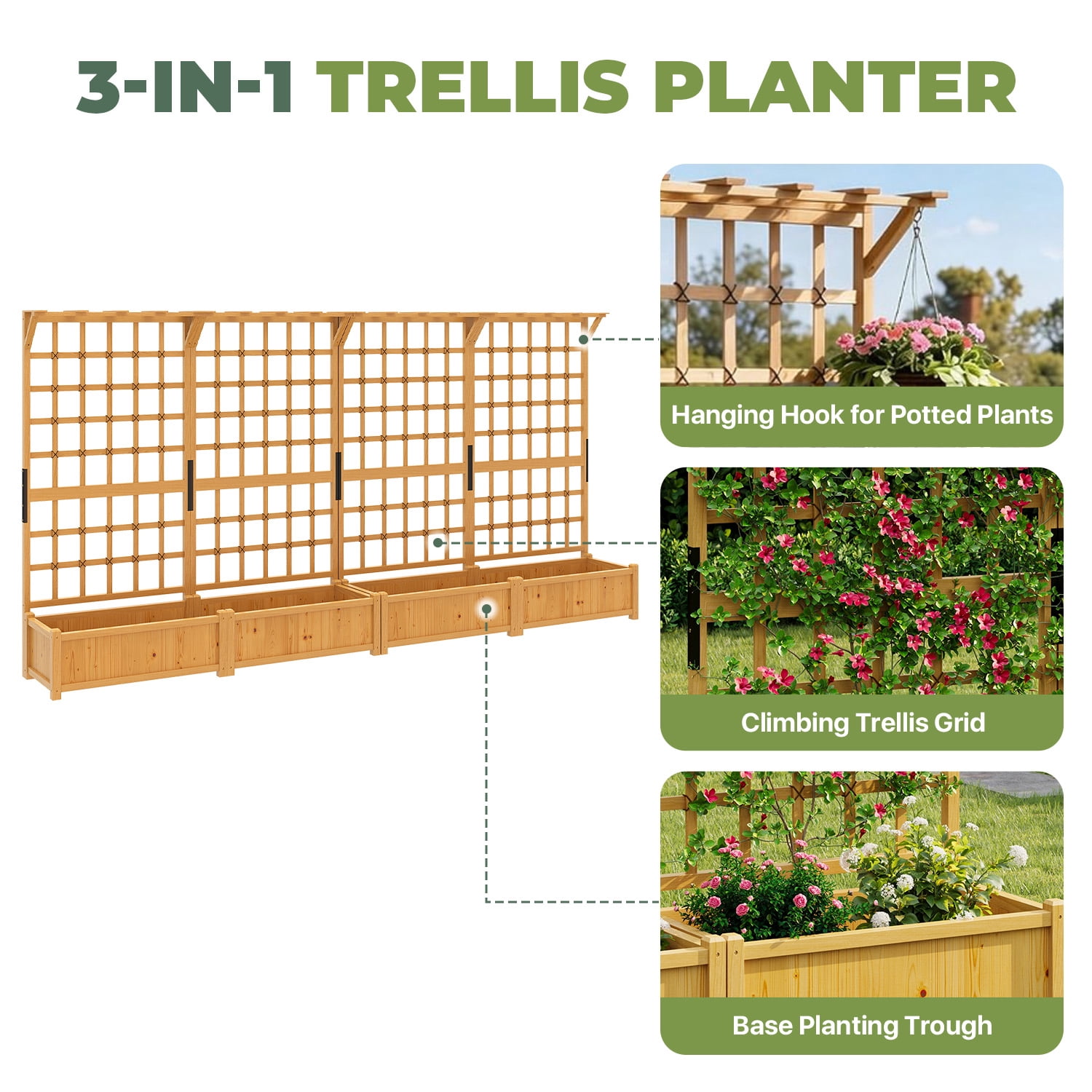 BaPiPro Yellow-Brown Tall Wood Planter Box with Trellis - 72" Raised Garden Bed with Hanging Roof, Outdoor Elevated Planter for Climbing Plants, Flowers - 2-Pack for Patio, Balcony