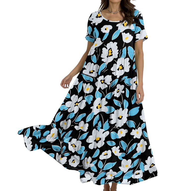 loose swing dress Chiclily Women's Short Sleeve Summer Swing Dress, Casual Loose T-Shirt Dress with Pockets, Irregular Hem Floral Midi Sundress, Size S, Size: Small