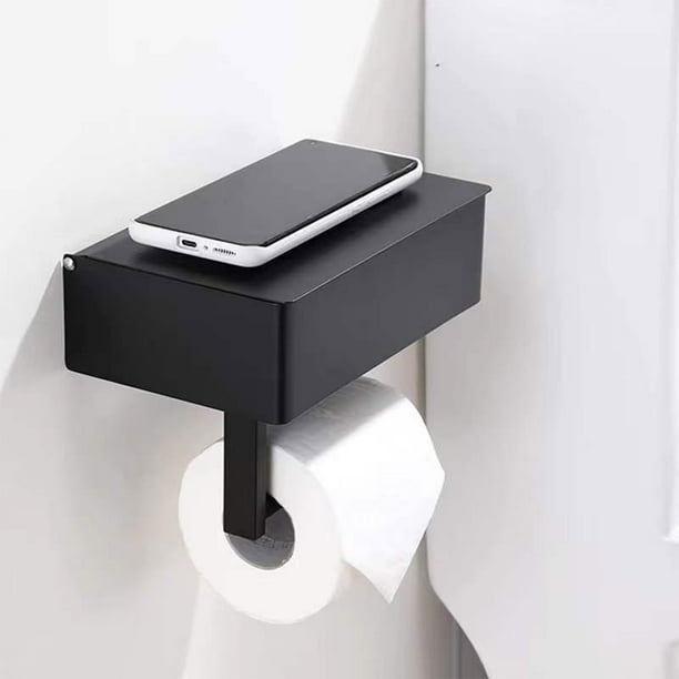Portarrollos de papel higiénico de pared de acero inoxidable con estante y dispensador de toallitas | Organizador de baño 2 en 1 | Montaje adhesivo o con tornillos | Negro/Plateado/Naranja | 20,5 x
