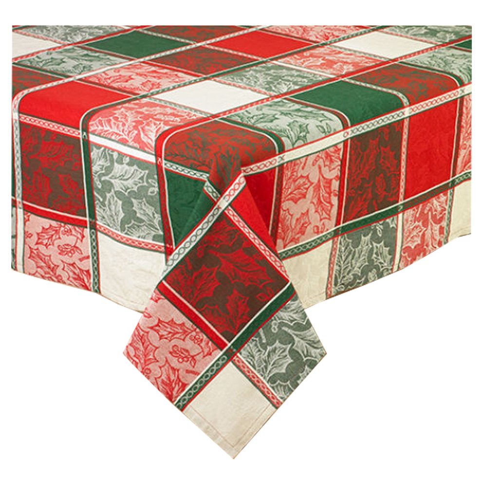 Christmas Tablecloth Woven Holly Deep Rich Red, Green and White 60 x 84 OVAL