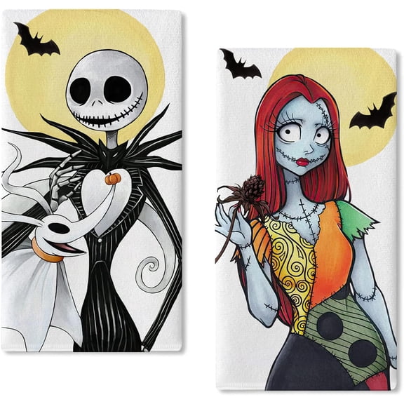 Jack Kitchen Dish Towel 2-Piece Set, Ghost Sally Hand Towel for Drying, Baking, and Cooking, Halloween Christmas Gift, Funny Ghost Skull Moon Bat Home Kitchen Decoration 45.72 x 66.04cm