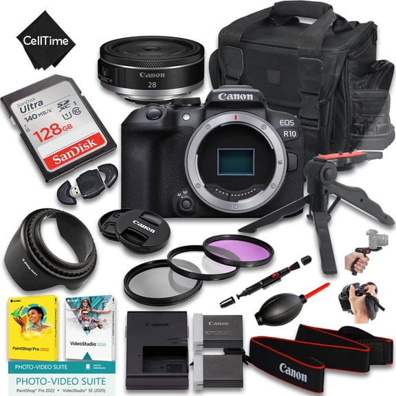 Canon EOS R10 Mirrorless Camera with RF 28mm f/2.8 STM Lens   128GB Memory   Extra Battery   Camera Case   Grip Tripod   More (21pc Bundle) (International Version)