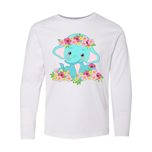 Inktastic Cute Baby Elephant with Flowers Long Sleeve Youth T-Shirt