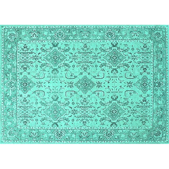 Ahgly Company Machine Washable Indoor Rectangle Oriental Turquoise Blue Industrial Area Rugs, 3' x 5'