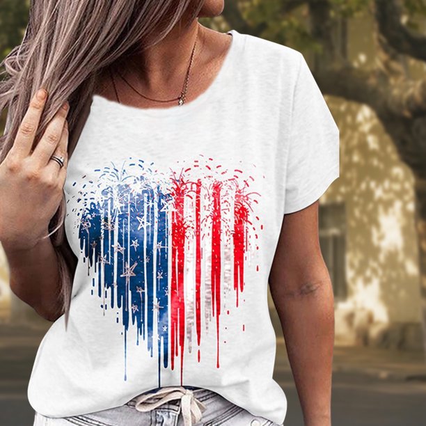 Imprimir Camisetas Casuales Camiseta holgada para mujer Camiseta con rayas de estrellas del 4 de julio Tops femeninos de verano (Blanco XXL) Cgtredaw Para estrenar